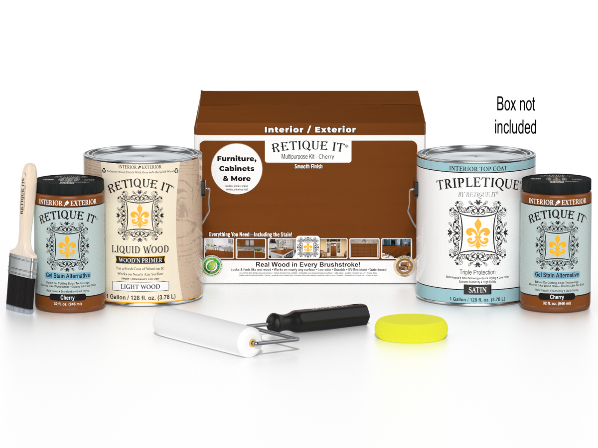 Retique It Cherry multi-purpose smooth finish kit with four large interior top coat bottles for wood furniture.