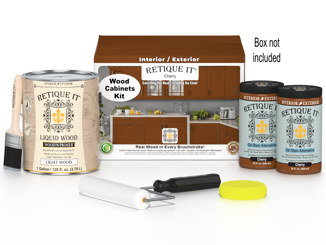 Retique It® Wood'n Cabinet Kit with 48 cherry-colored smooth stained cabinet doors, shown in a box with packaging.