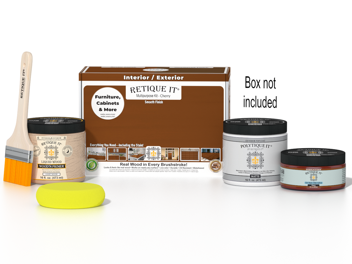 Retique It® Cherry Multi-purpose Smooth Finish Kit for exterior wood, includes top coat and application tools in a box.