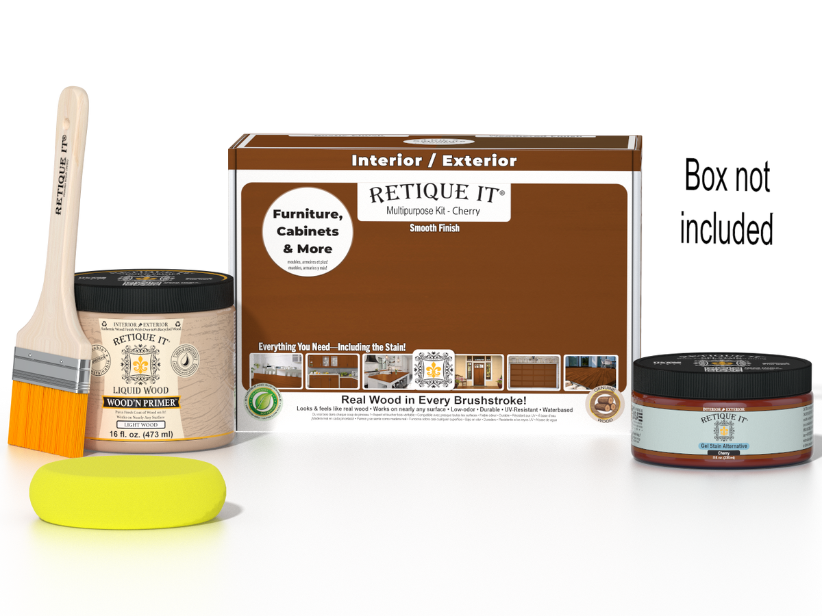 Retique It® Multi-purpose Smooth Finish Kit (Med) in Cherry for wood finishing, shown with contents and packaging.