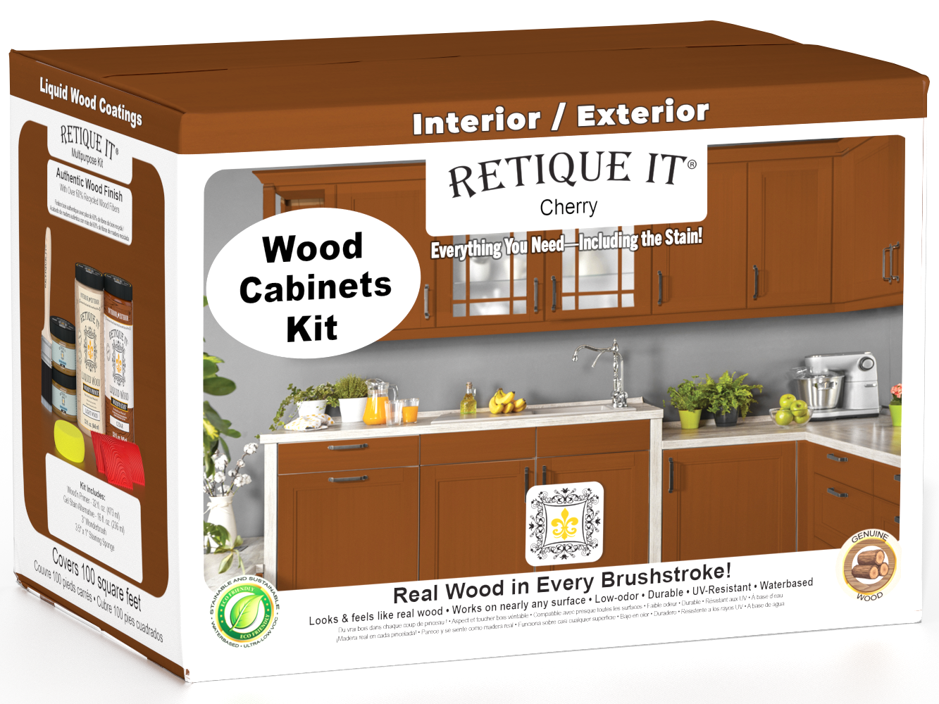 Retique It® Cherry Wood'n Cabinet Kit with 12 smooth doors, showcasing stained, natural wood finish for kitchen or bathroom cabinetry.