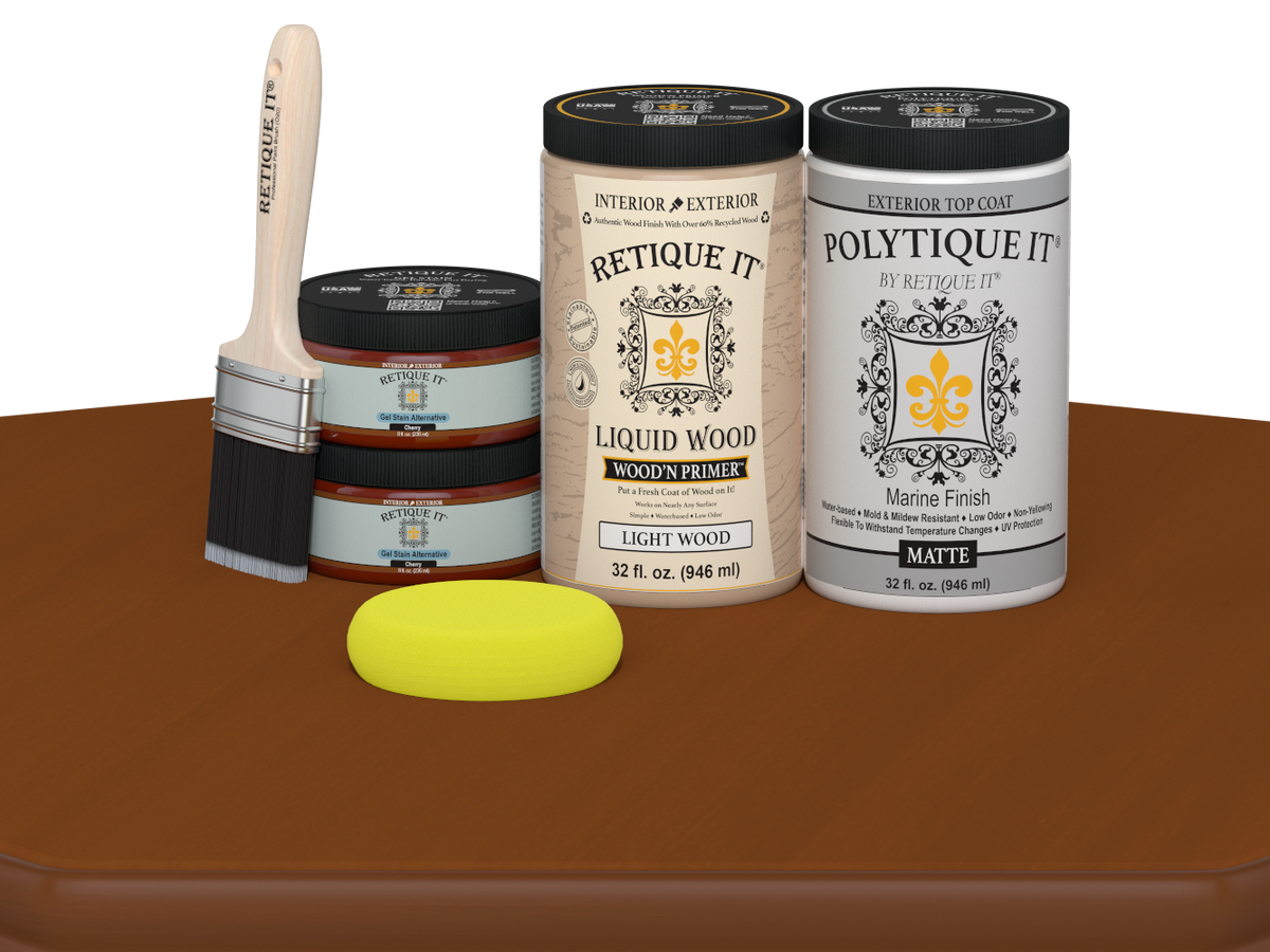 Large Cherry wood finish kit with matte top coat from Retique It® for exterior projects, featuring smooth, multi-purpose application.