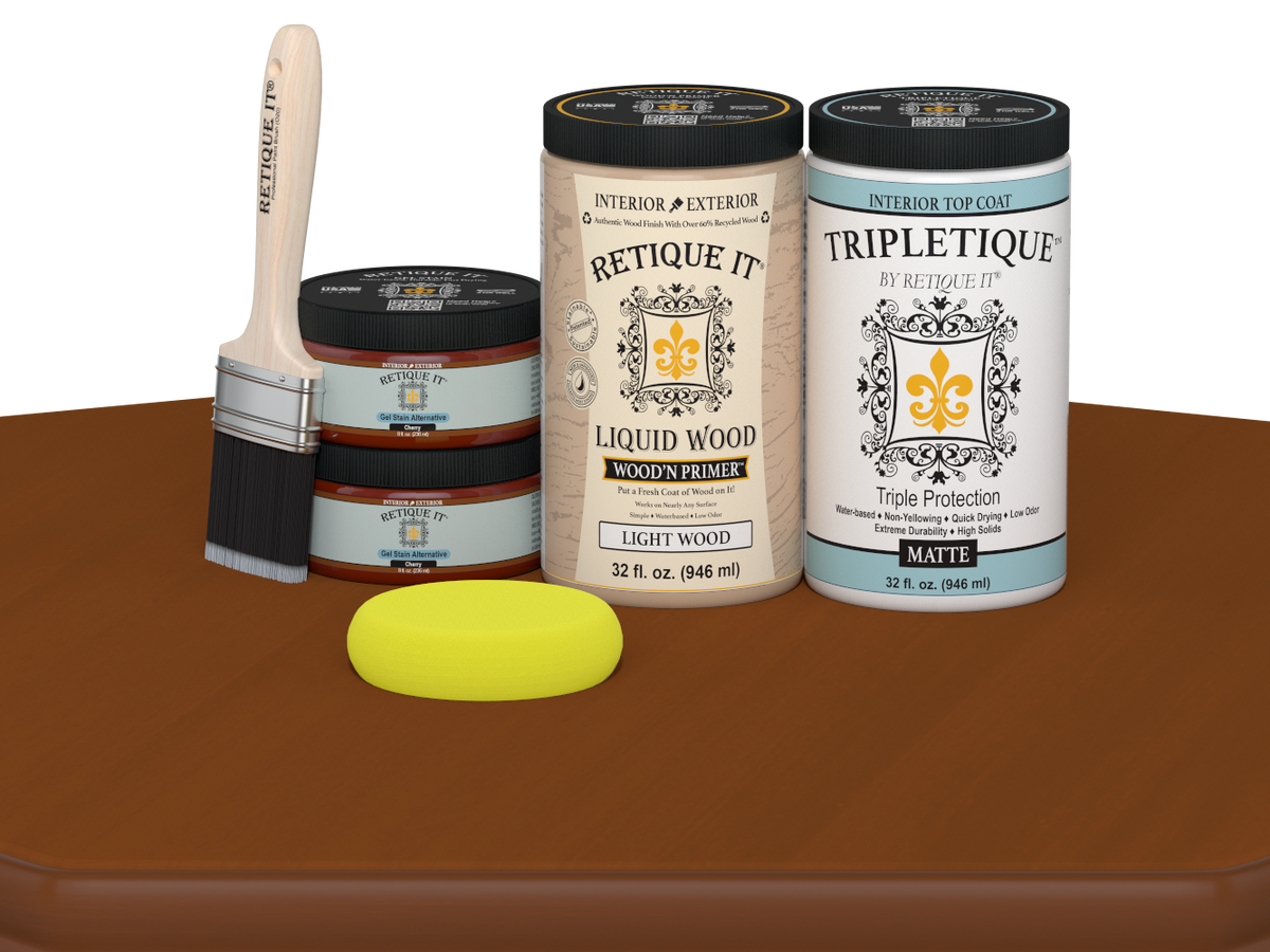 Large Cherry wood finish kit by Retique It® with matte top coat, designed for smooth, multi-purpose interior wood projects.