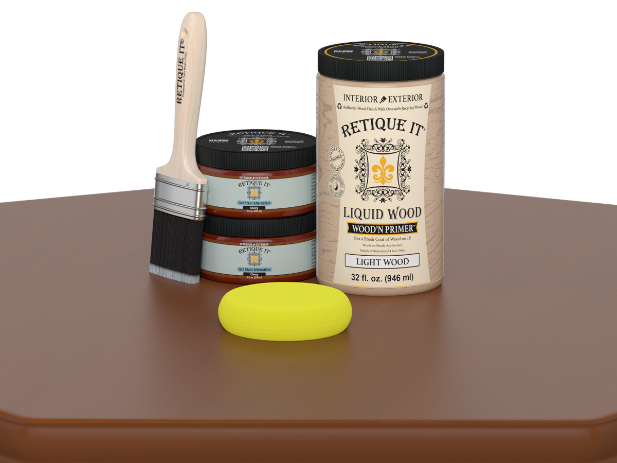 Retique It® Wood'n Cabinet Kit with 12 cherry-colored, smooth door stains for cabinetry, shown on a table.