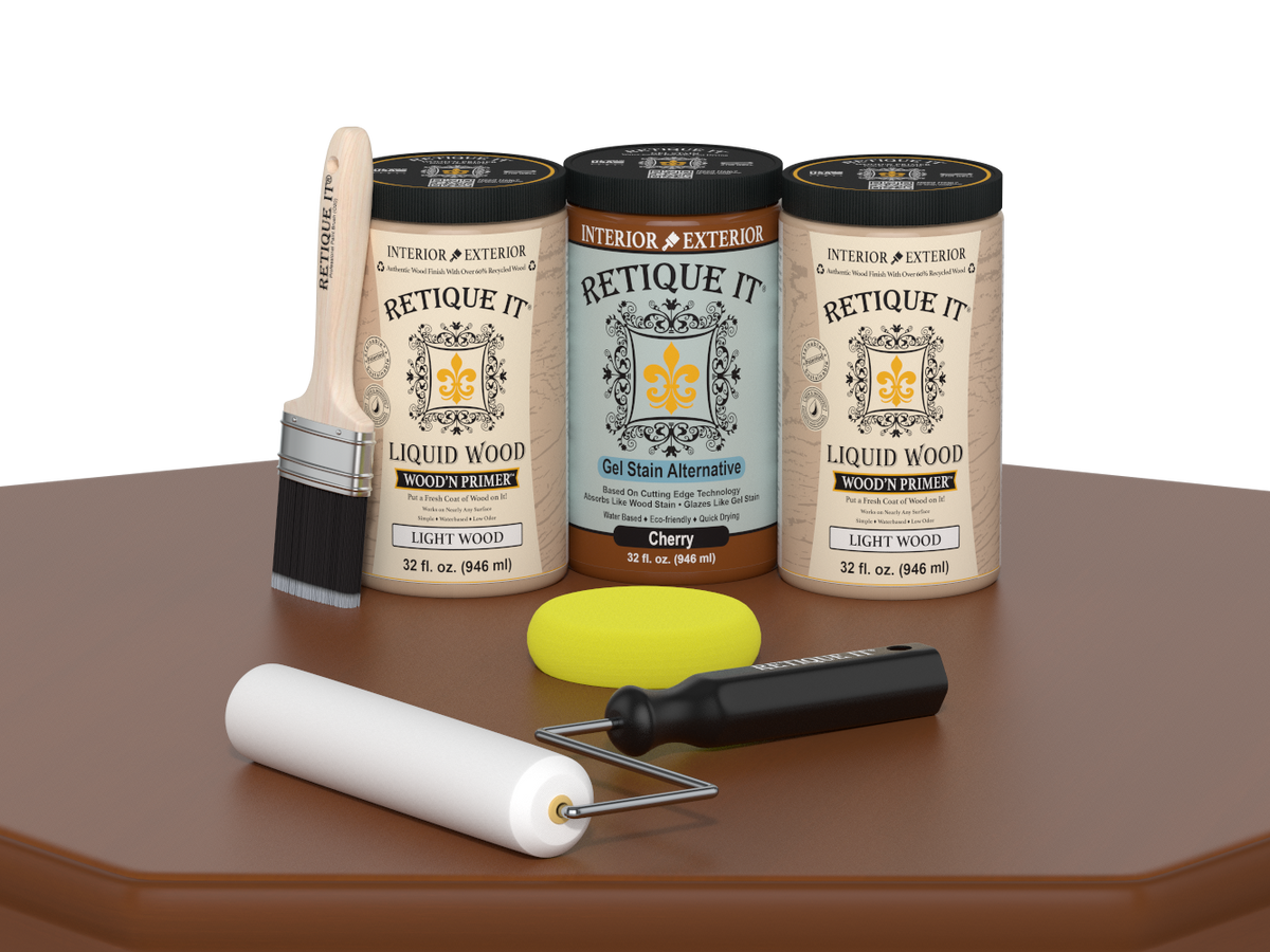 Cherry wood cabinet kit with 24 smooth doors by Retique It®, featuring stain finishes for a sleek, modern look.