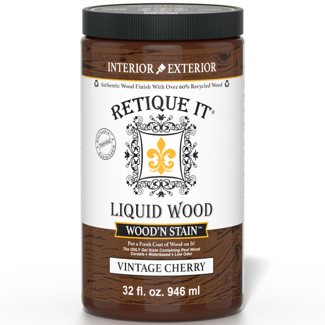Retique It Liquid Wood Wood'n Stain 32 oz in Vintage Cherry, showcasing the rich wood stain color and packaging.