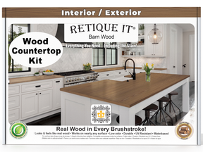 Advertisement for Retique It wood countertop kit with a kitchen setup.
