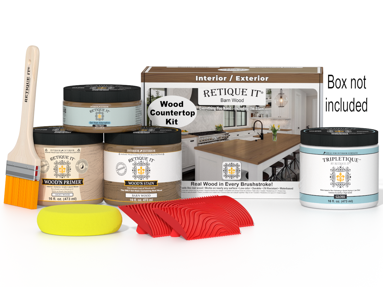 Wood countertop kit with paint cans, a brush, and other tools on a white background