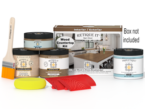 Wood countertop kit with paint cans, a brush, and other tools on a white background