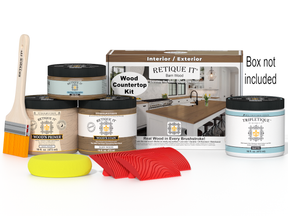 Wood countertop kit with paint cans, a brush, and other tools on a white background
