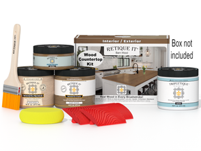 Wood countertop kit with paint cans, a brush, and other tools on a white background