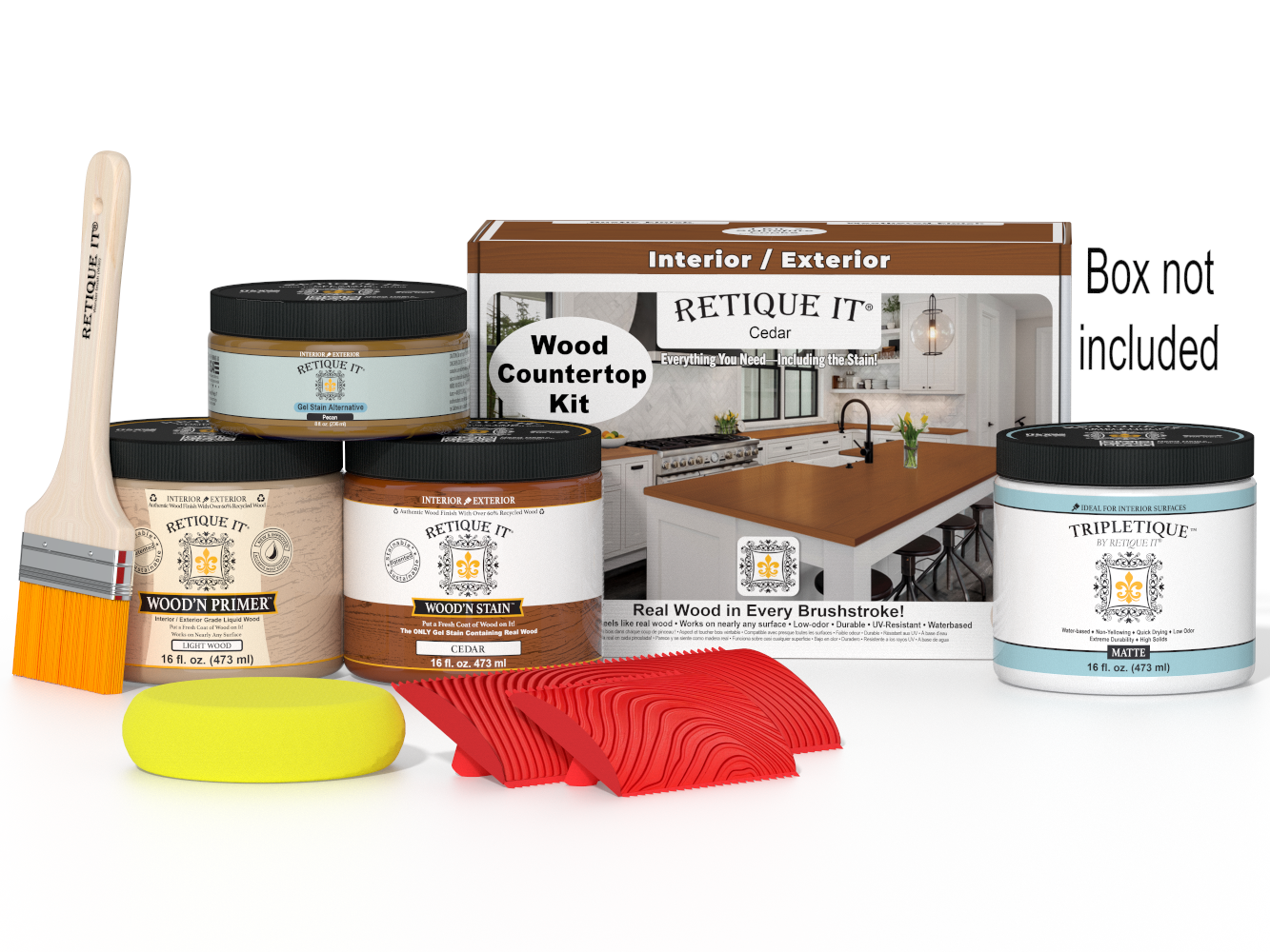Wood countertop kit with paint cans, a brush, and a sponge on a white background