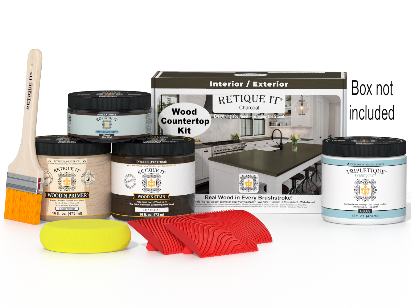 Wood countertop kit with paint cans, a brush, and other tools on a white background