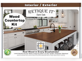 Advertisement for Retique It wood countertop kit with a kitchen scene and product details.