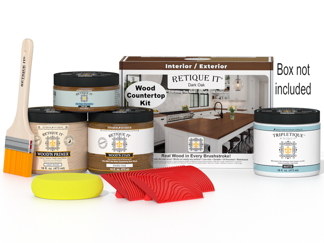 Dark oak kitchen island countertop kit by Retique It, featuring stain options for kitchen island renovation or upgrade.
