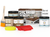 Wood countertop kit with paint cans, a brush, and a sponge on a white background