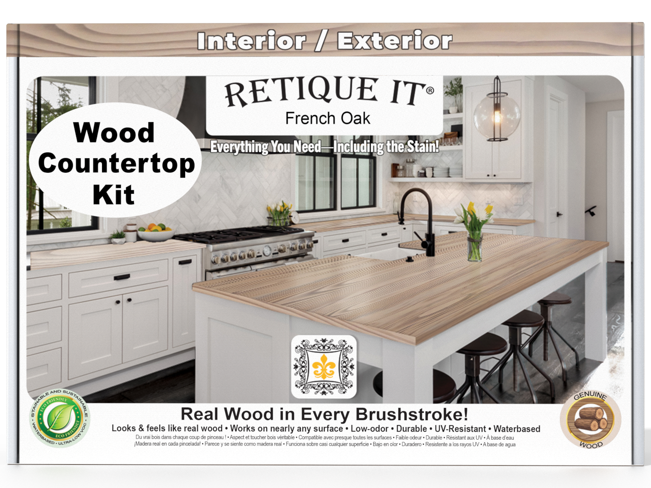 Advertisement for Retique It wood countertop kit with a kitchen setup.