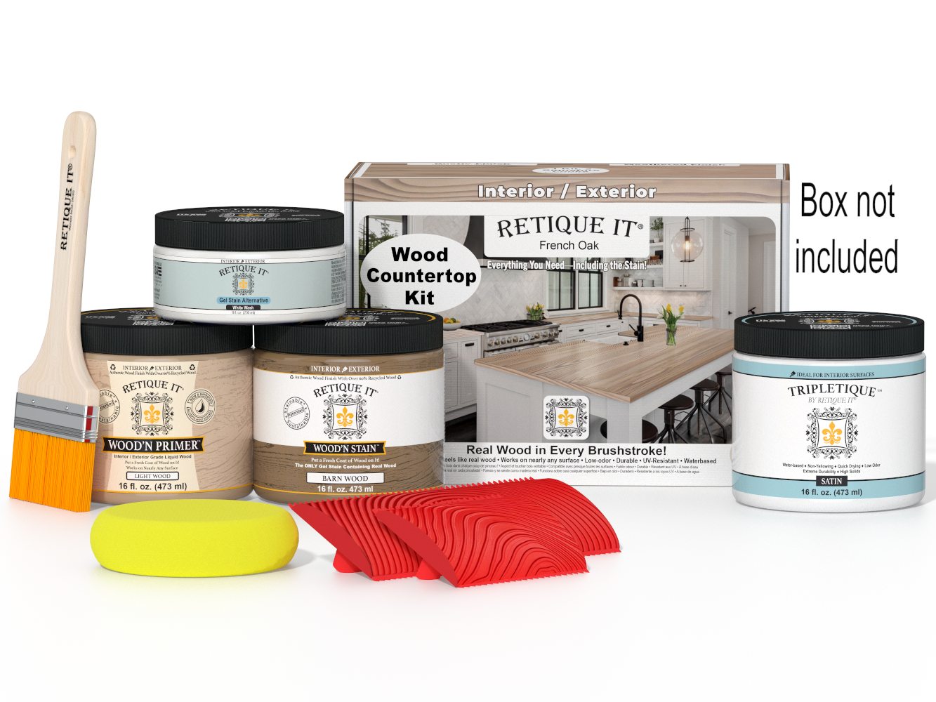 Wood countertop kit with paint cans, a brush, and packaging on a white background