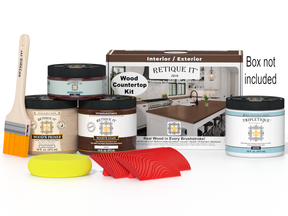 Wood countertop kit with paint cans, a brush, and a sponge on a white background