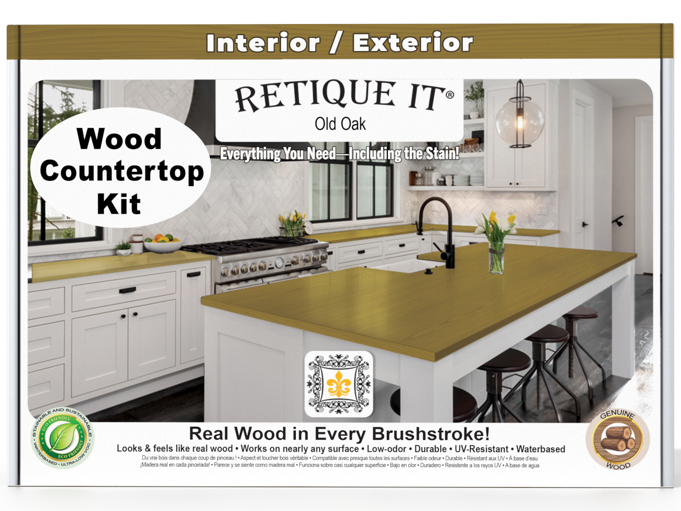Advertisement for Retique It wood countertop kit with a kitchen scene and product details.