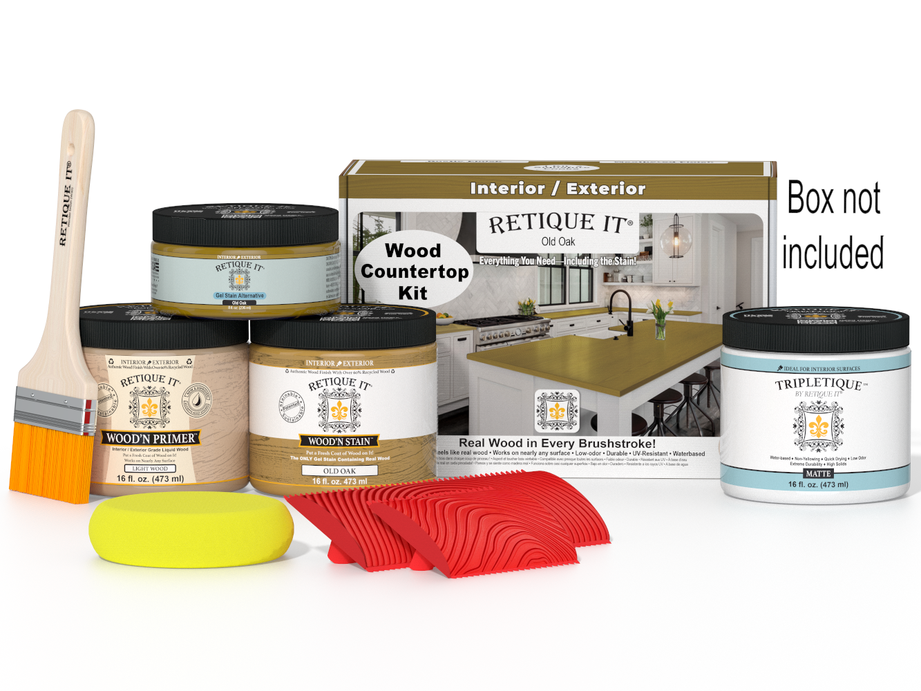 Wood countertop kit with paint cans, a brush, and a box on a white background