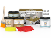 Wood countertop kit with paint cans, a brush, and a box on a white background