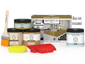 Wood countertop kit with paint cans, a brush, and a box on a white background