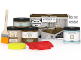 Wood countertop kit with paint cans, a brush, and a sponge on a white background