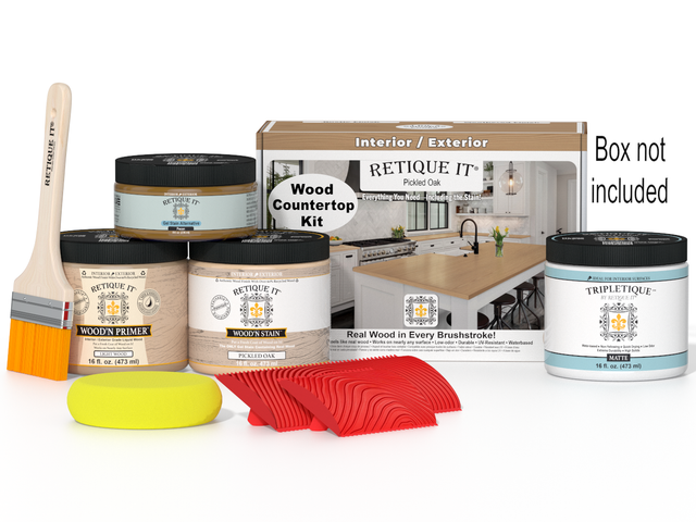 Retique It pickled oak kitchen island countertop kit with stain, showing a natural wood finish and installation details.