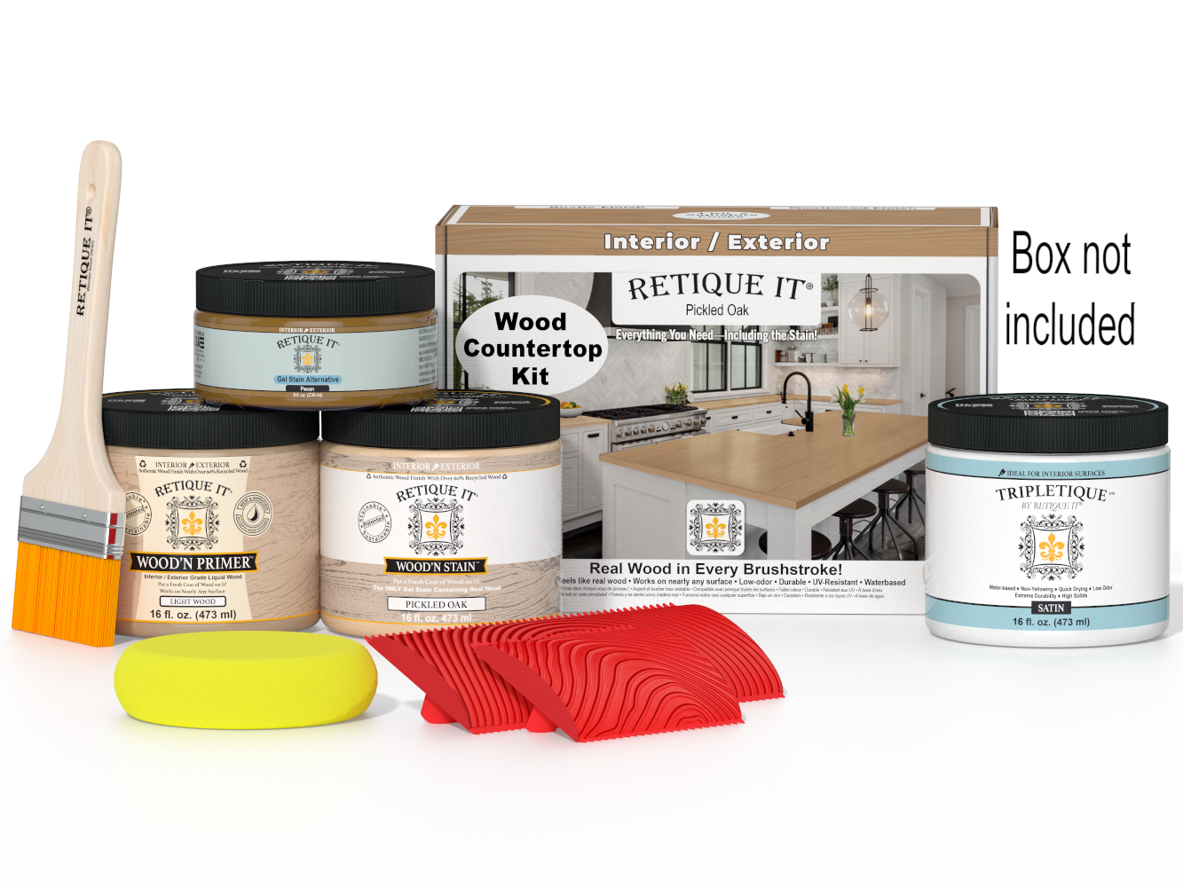 Wood countertop kit with paint, brush, and other tools on a white background