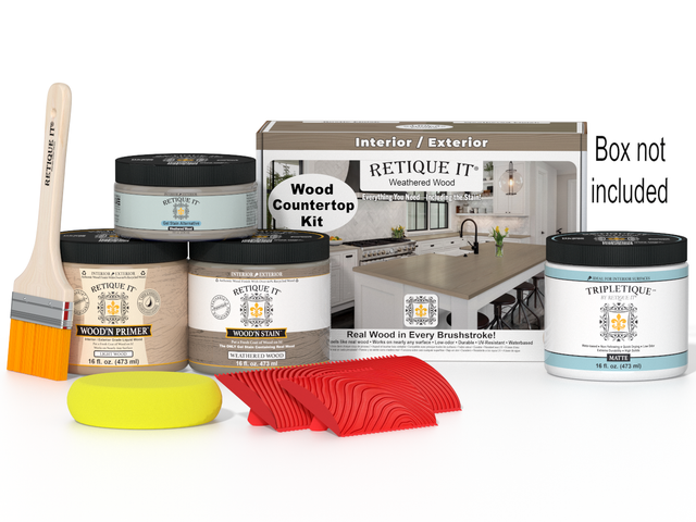 Weathered wood kitchen island countertop kit by Retique It, featuring stain options for a rustic, weathered wood finish.
