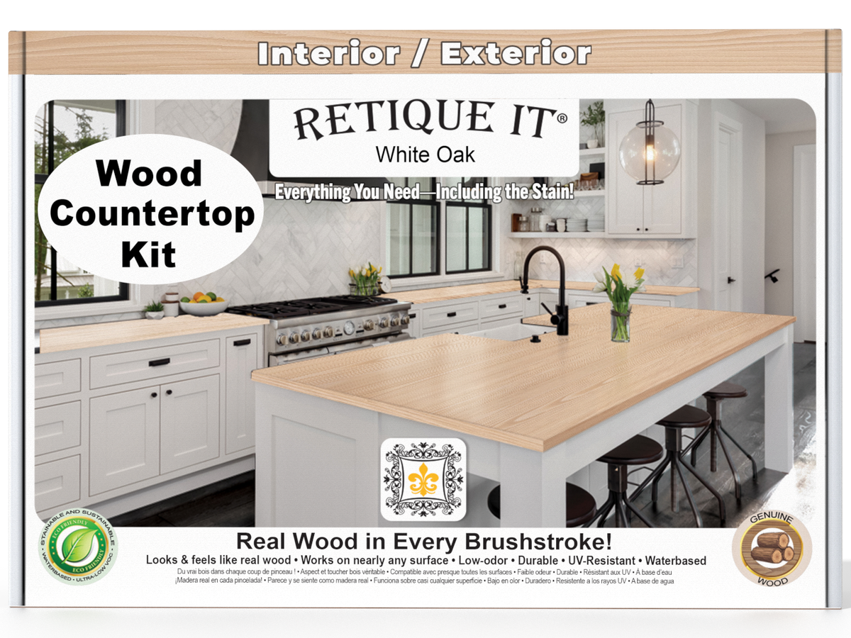 Advertisement for Retique It Wood Countertop Kit with a kitchen setup and product branding.