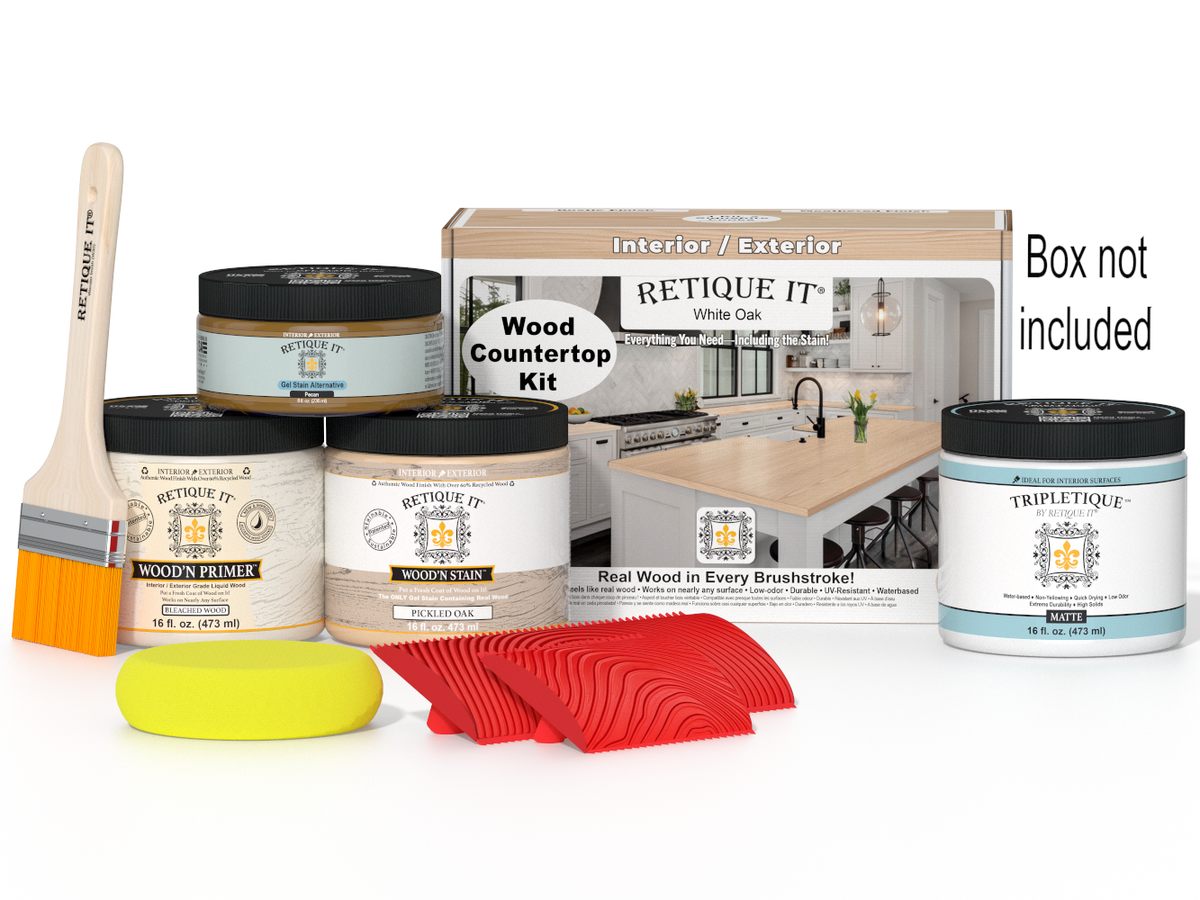 White oak kitchen island countertop with stain from Retique It® countertop kit, showcasing a smooth, finished surface.