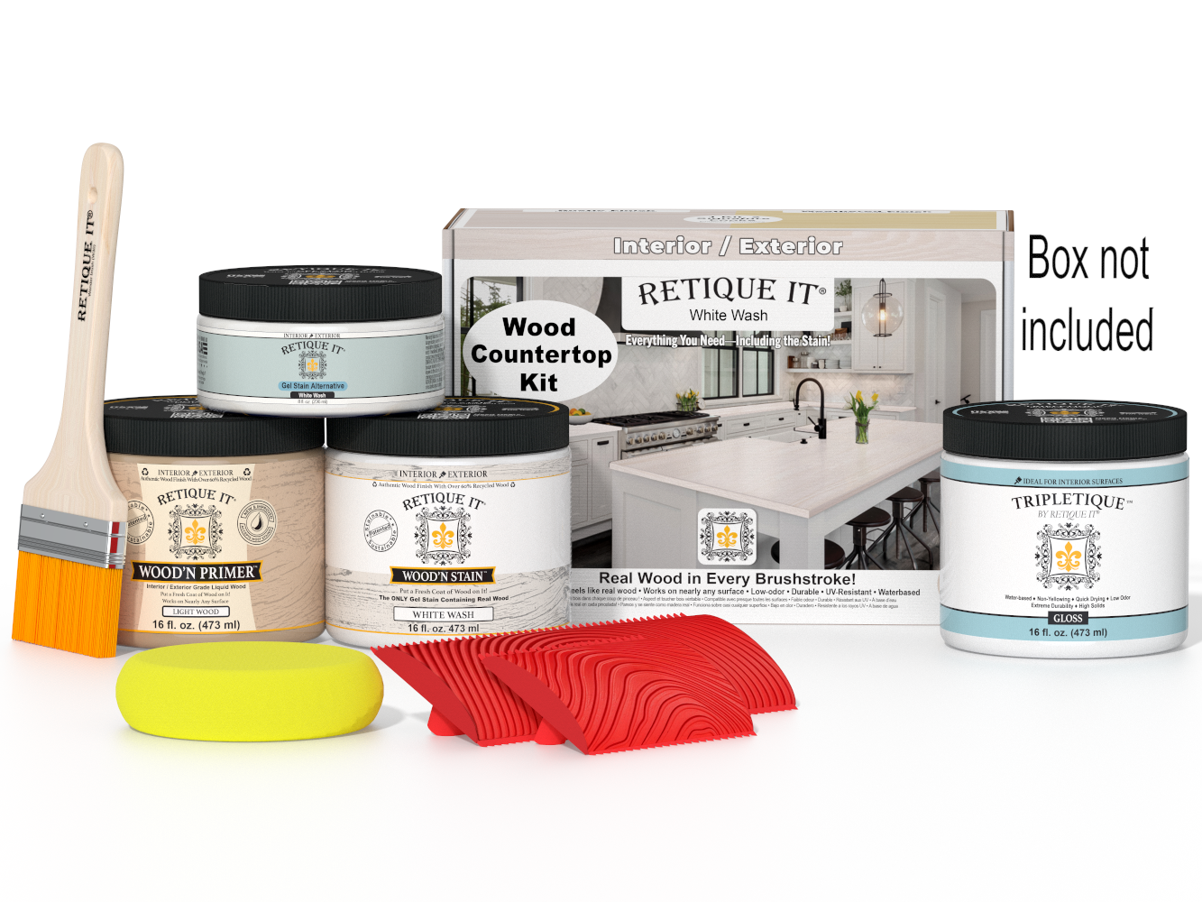 Retique It wood countertop kit with paint cans, a brush, and packaging on a white background