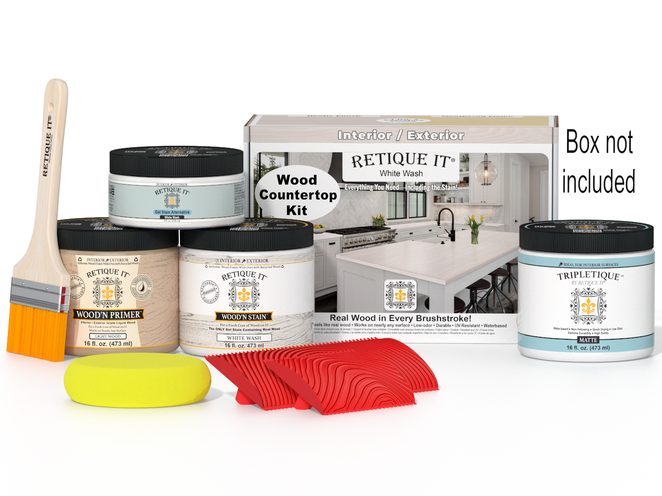 Retique It wood countertop kit with paint cans, a brush, and packaging on a white background