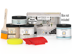 Retique It wood countertop kit with paint cans, a brush, and packaging on a white background