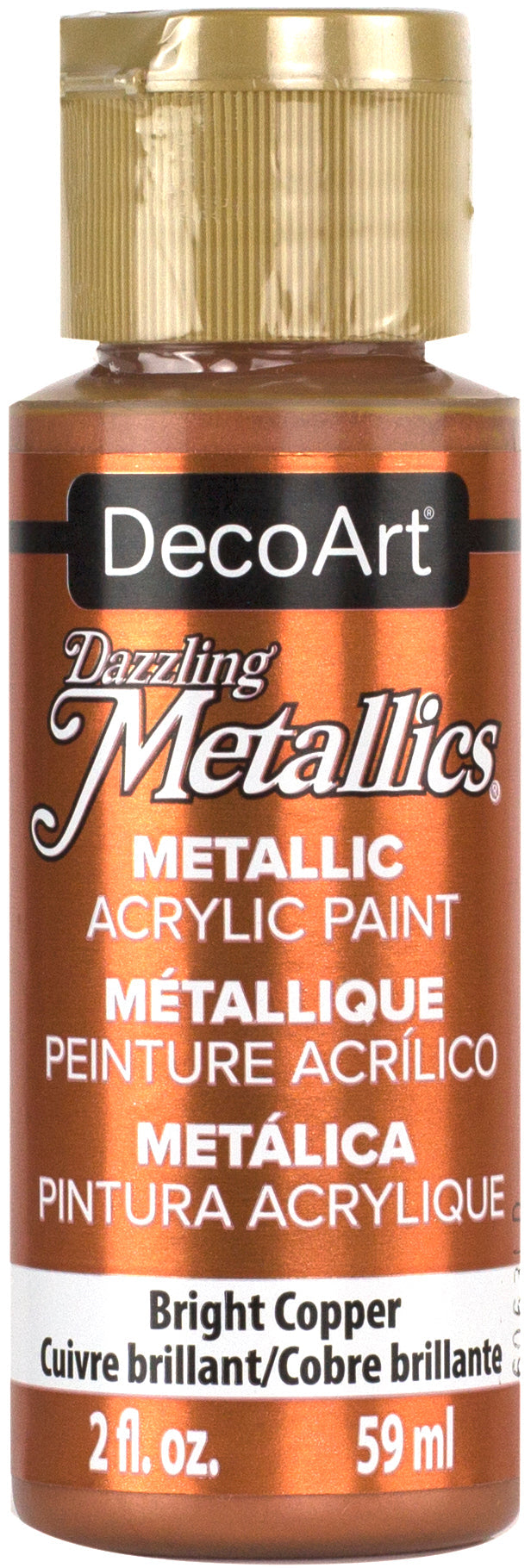 DecoArt Dazzling Metallics Bright Copper 2oz bottle with shiny metallic copper paint for arts and crafts projects.