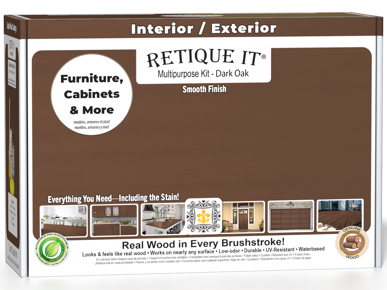 Retique It® Dark Oak Multi-purpose Smooth Finish Kit for interior wood, includes top coat in matte finish, shown in open box.