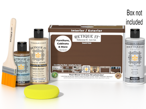 Retique It® Multi-purpose Smooth Finish Kit in Dark Oak for exterior top coat, featuring wood finish components and applicator tools.