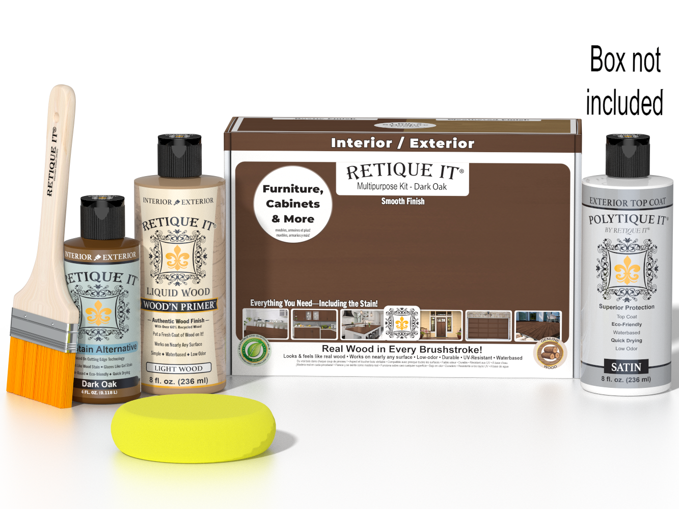 Retique It® Multi-purpose Smooth Finish Kit in Dark Oak for exterior wood, includes top coat and satin finish in a paint box.