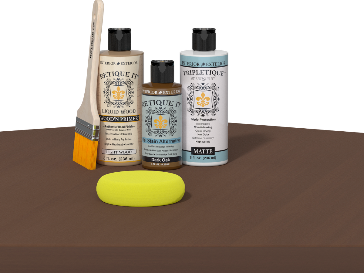 Retique It® Multi-purpose Smooth Finish Kit in Dark Oak for interior wood top coating, shown on a wooden table.