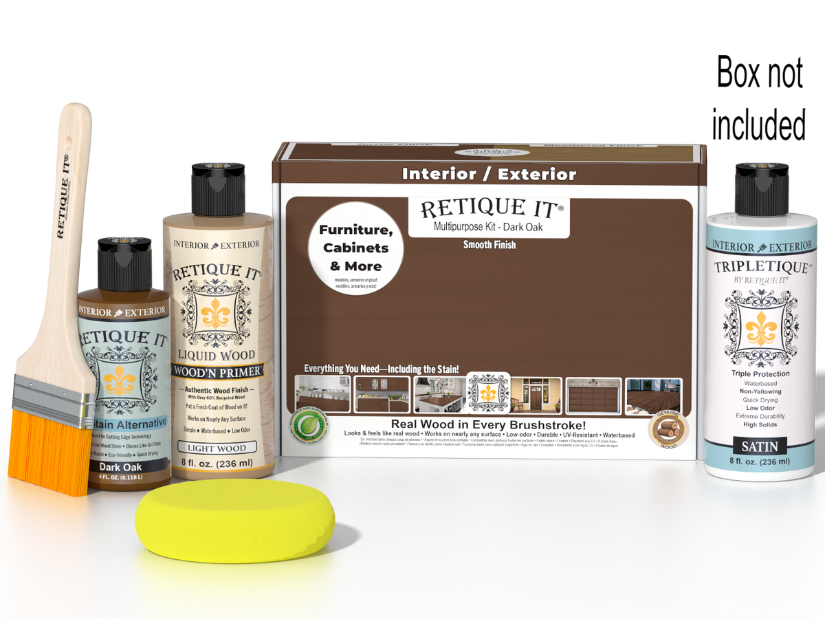 Retique It Multi-purpose Smooth Finish Kit in Dark Oak for interior wood projects, with top coat and applicator tools in the box.