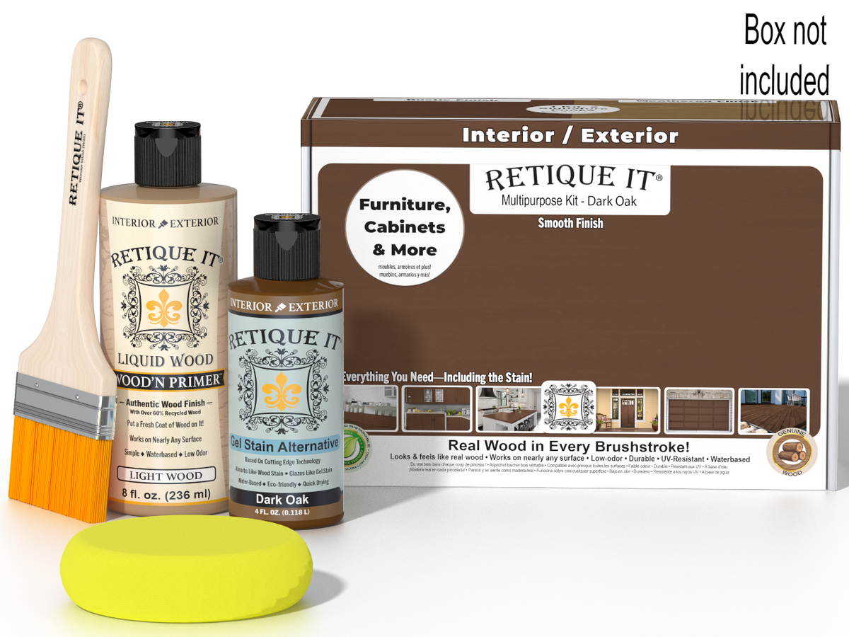 Retique It® Multi-purpose Smooth Finish Kit in Dark Oak with application tools and packaging for wood finishing projects