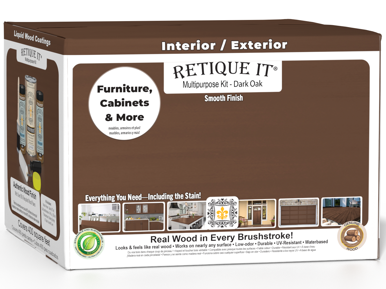 Retique It® Multi-purpose Smooth Wood'n Finish Kit in Dark Oak with exterior top coat, featuring a matte finish and four large bottles.