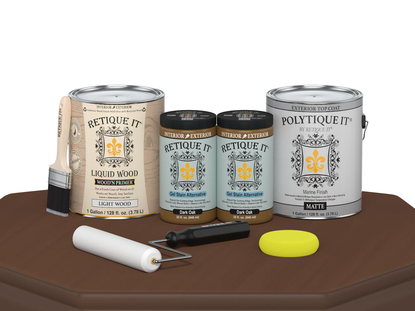 Retique It® Dark Oak Wood'n Finish Kit with four large bottles of exterior top coat for smooth wood finishing.