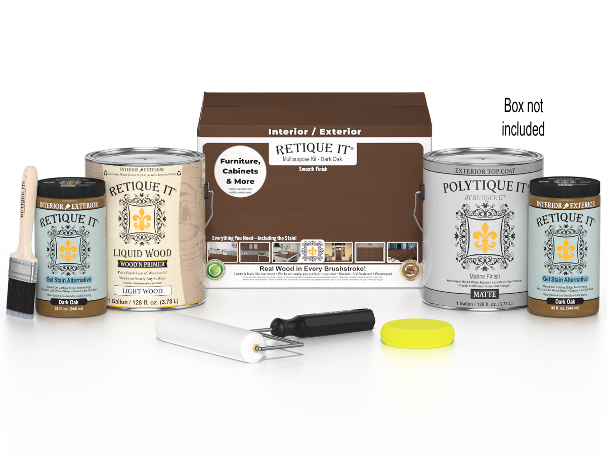 Retique It® Multi-purpose Wood'n Finish Kit in Dark Oak with four large exterior top coat containers and application tools.