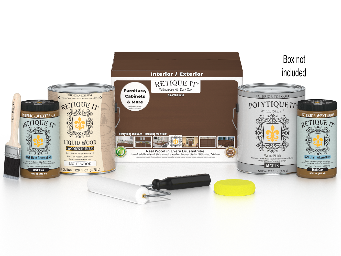 Retique It® Multi-purpose Wood'n Finish Kit in Dark Oak with four large exterior top coat containers and application tools.