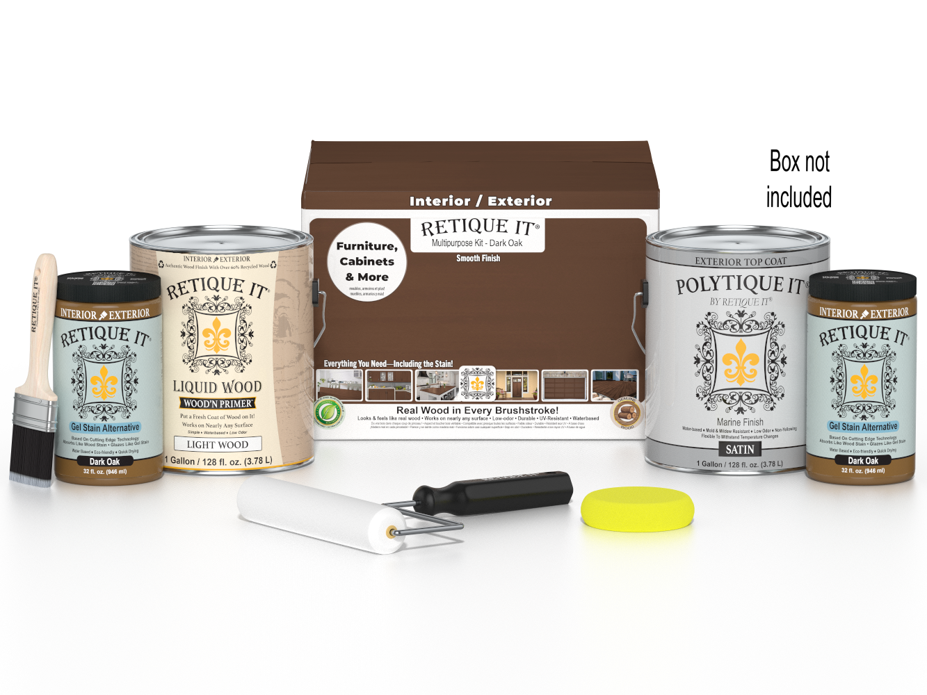 Retique It® Dark Oak Wood'n Finish Kit with four large bottles of exterior top coat for smooth wood finishing.