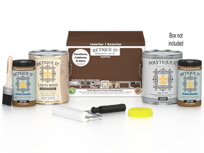 Retique It® Dark Oak Wood'n Finish Kit with four large bottles of exterior top coat for smooth wood finishing.