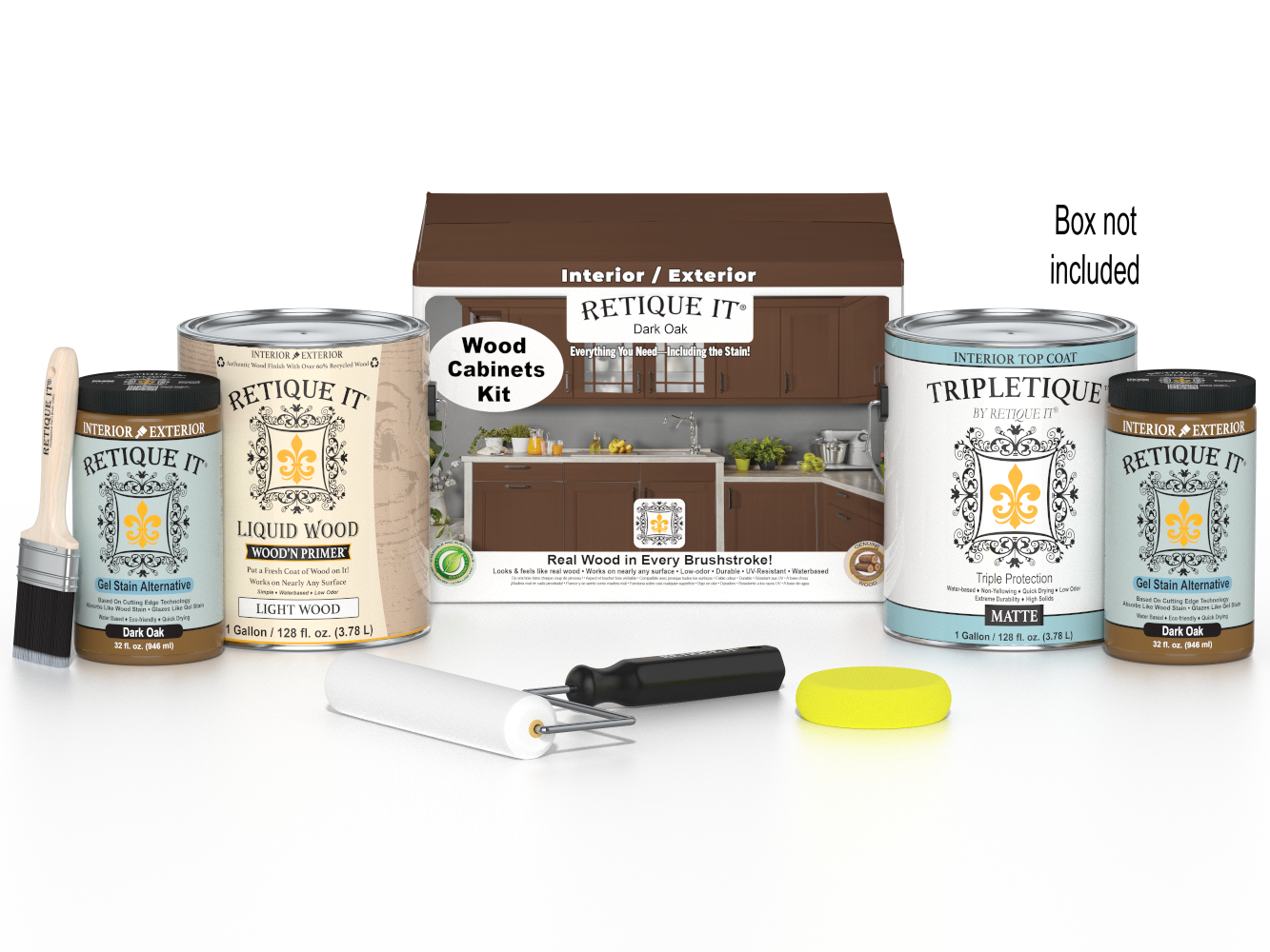 Dark oak Wood'n Cabinet Kit with 48 smooth doors by Retique It®, featuring staining products and packaging in the image.